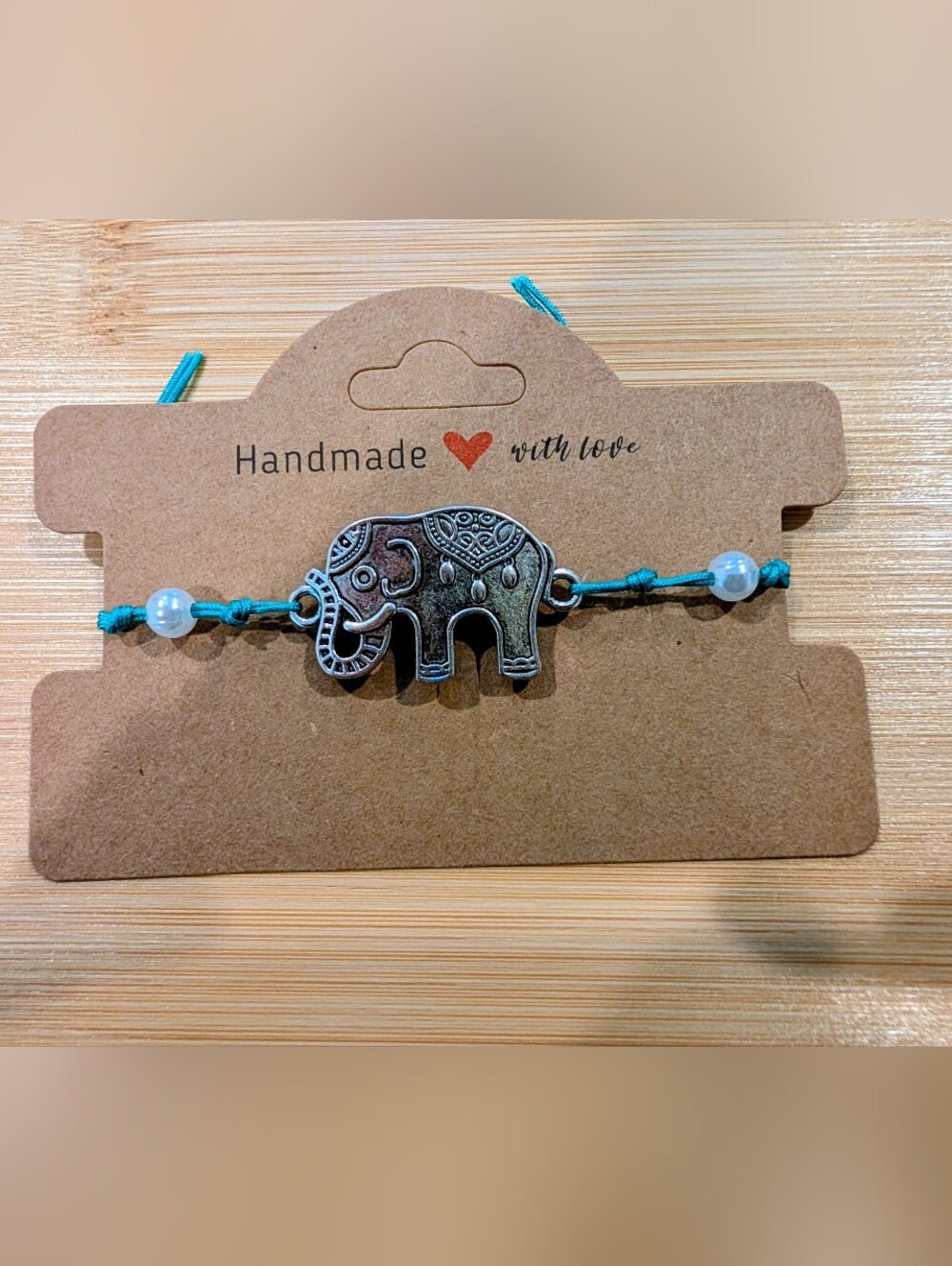 Boho Elephant Adjustable Bracelet | Turquoise Cord & Faux Pearl Bracelet | Lucky
